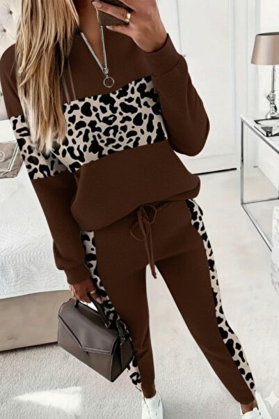 Mossta Viscose Two-Thread Blouse and Pants Two-Piece Set with Patterned Stripe on the Front and Zipper - Brown