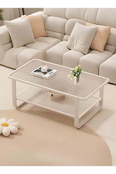 Taimi طاولة قهوة بتصميم عصري، مكونة من طبقتين، مقاس 100×50×42 سم - طاولة مركزية بإطار معدني وزجاج مقسّى، لون أبيض