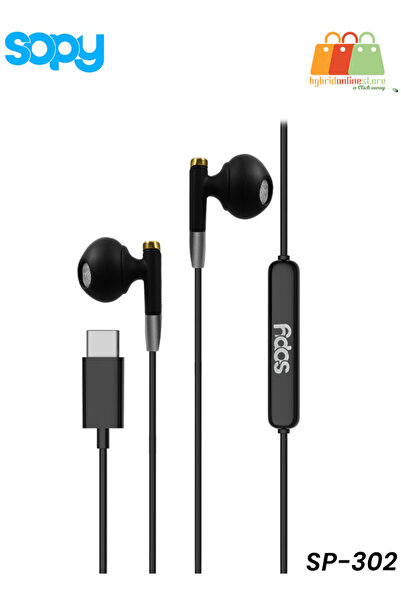 sopy سماعات أذن سلكية SP-302 من النوع C مزودة بميكروفون وصوت جهير عميق وتحكم بزر واحد