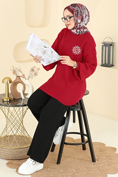 ModaMerve Çiçek Detaylı Triko Takım 2724AYD574-MS Kırmızı&Siyah