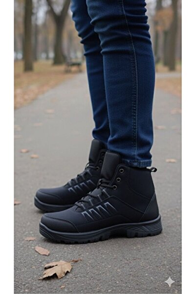 NHA 0001 Black Men's Boots with Fur Inside, Water and Snow Resistant, Winter Zipper Outboor Trekking Boots