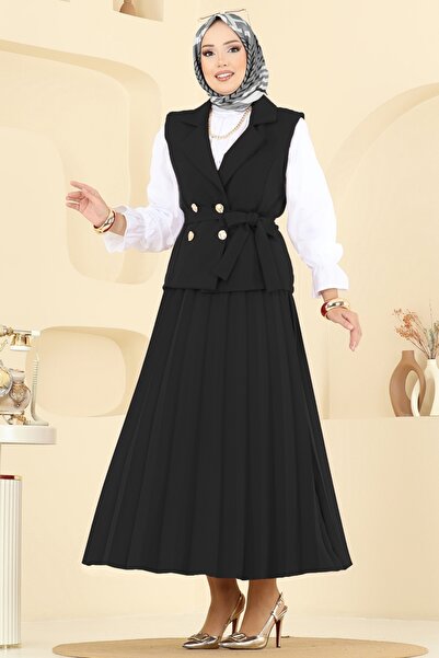 ModaMerve Eteği Piliseli Üçlü Takım 6450MP806-MS Siyah