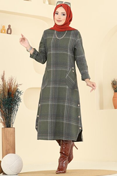 ModaMerve Aksesuar Düğmeli Ekose Tunik 6899S324-MS Haki