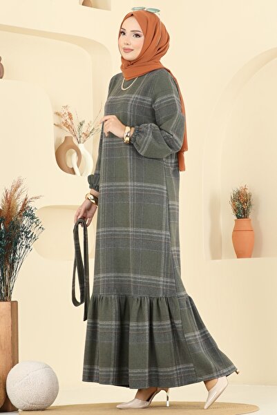 ModaMerve Manşeti Lastikli Ekose Elbise 9010S324-MS Haki