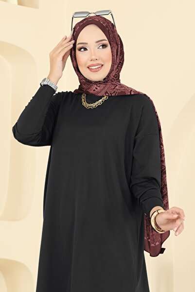 ModaMerve Yırtmaç Düğmeli Merserize Tunik 5006KLN570-MS Siyah