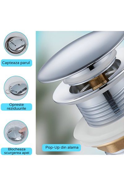BiXXBi Scurgere de chiuvetă tip pop-up cromată premium G1 1/4, oțel inoxidabil și alamă