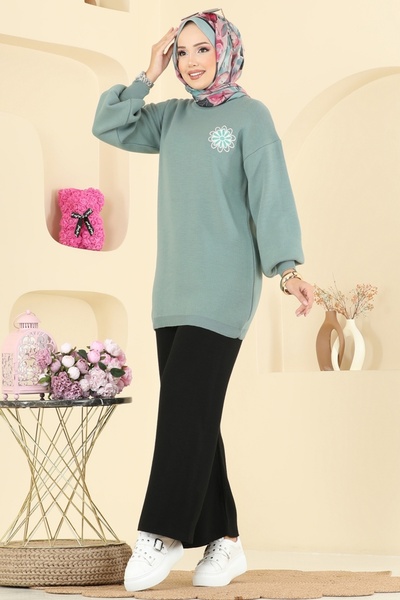 ModaMerve Çiçek Detaylı Triko Takım 2724AYD574-MS Mint&Siyah
