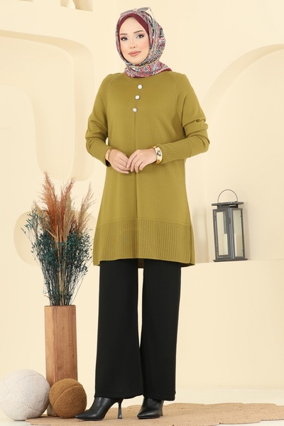 ModaMerve Aksesuar Düğmeli Triko Takım 2723AYD574-MS Yağ Yeşili&Siyah