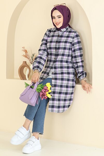 ModaMerve Manşeti Lastikli Ekose Tunik 4123PM271-MS Lila