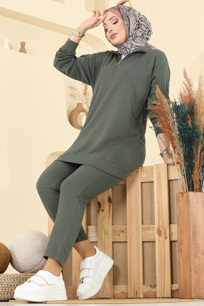 ModaMerve Yarım Fermuarlı İki İp Takım 7080TEG847-MS Haki