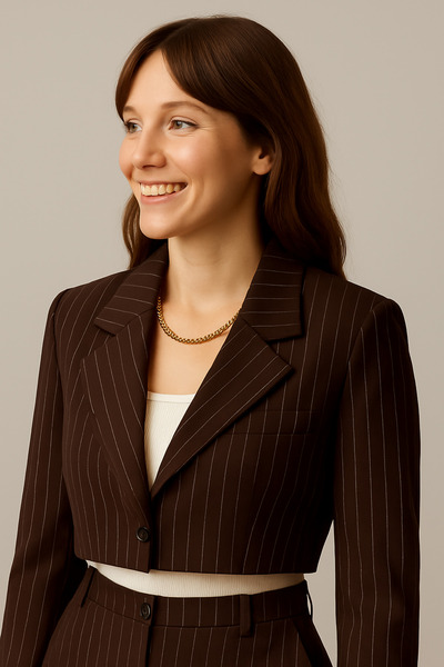 Gökkuşağı Kahverengi Çizgili Crop Ceket