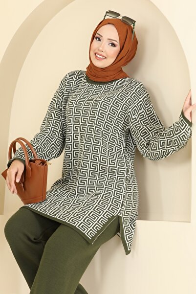 ModaMerve Yırtmaç Detaylı Desenli Takım 2718AYD574-MS Haki