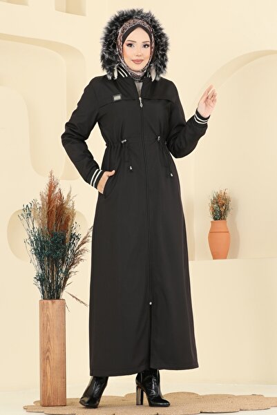 ModaMerve Ribana Detay Kürklü Kaban 2824MSA980-MS Siyah