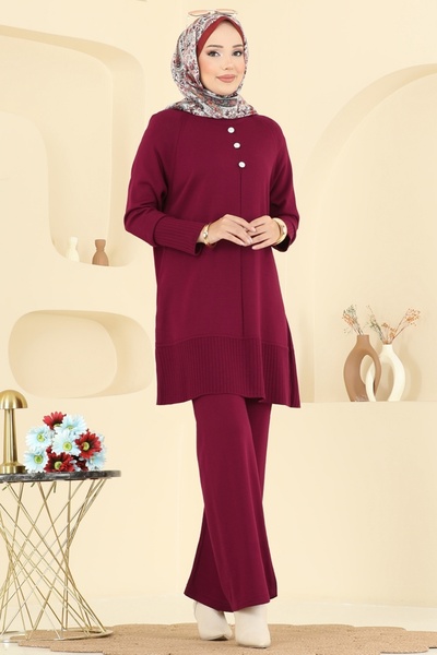 ModaMerve Aksesuar Düğmeli Triko Takım 2723AYD574-MS Bordo