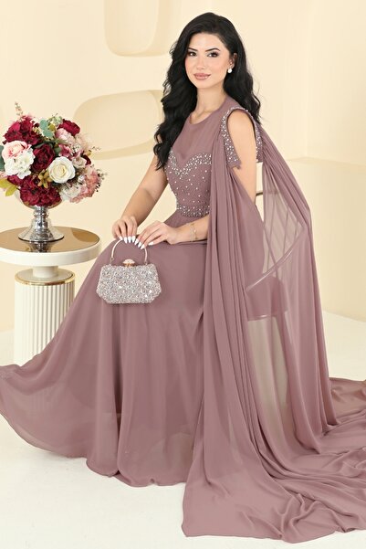 ModaMerve Pelerin Detaylı Taşlı Abiye 8112AB368-MS Pudra Vizyon