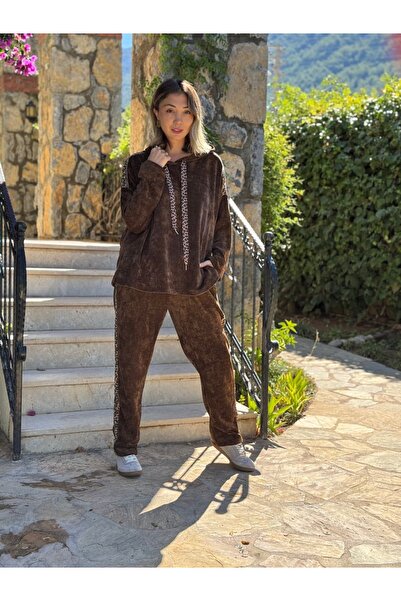 Punta Otantik Nc24145 Italian Hooded Velvet Suit with Leopard Detail Brown
