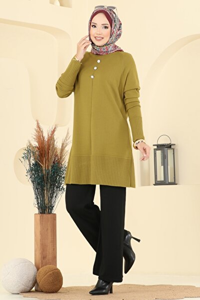 ModaMerve Aksesuar Düğmeli Triko Takım 2723AYD574-MS Yağ Yeşili&Siyah