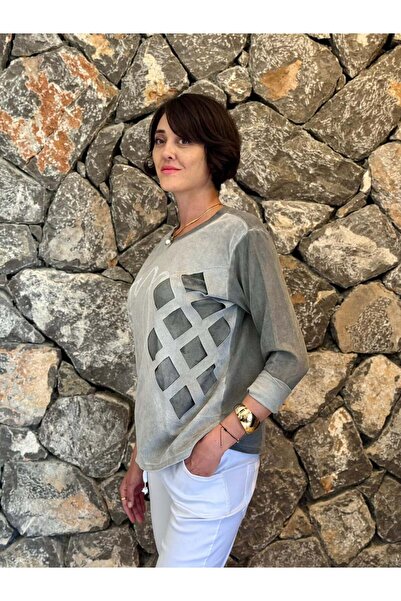 Punta Otantik NC58377 Hanorac italian gri cu gât rotund și cu litere Joy