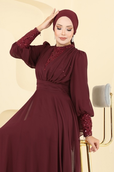 ModaMerve Boncuk Detaylı Şifon Abiye 5703EDF311-MS Bordo