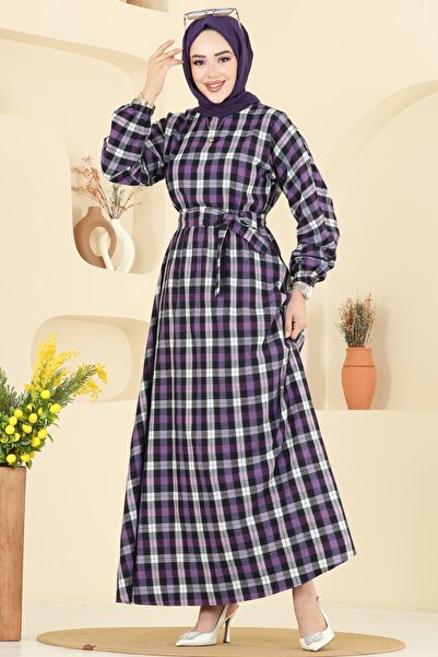 ModaMerve Beli Bağcıklı Ekose Elbise 4124PM271-MS Mor