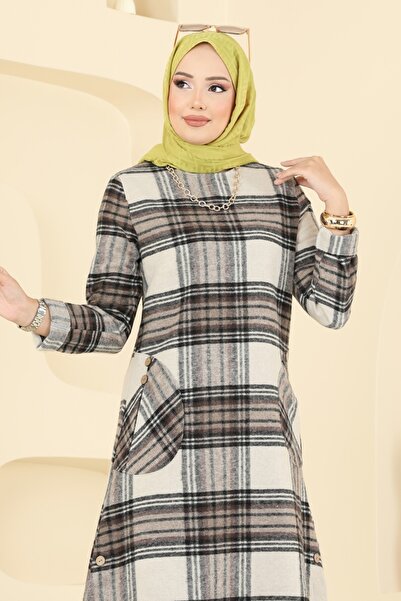 ModaMerve Aksesuar Düğmeli Ekose Tunik 6899S324-MS Kahve