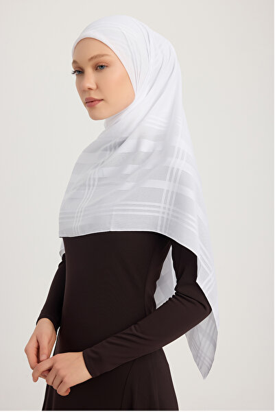 MıssColor A25256 Jacquard Plaid Chiffon Scarf 120X120Cm - White