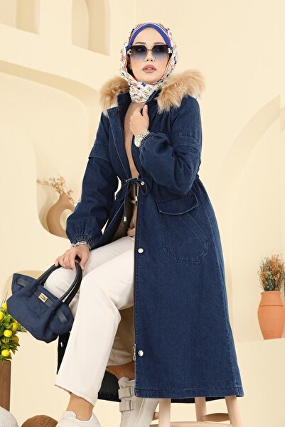 ModaMerve Kapşonu Kürklü Kot Kap 4292MKL719-MS Koyu Kot