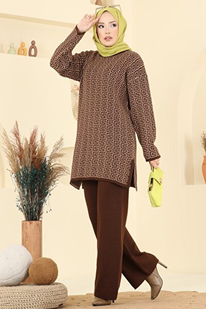 ModaMerve Yırtmaç Detaylı Desenli Takım 2718AYD574-MS Kahve