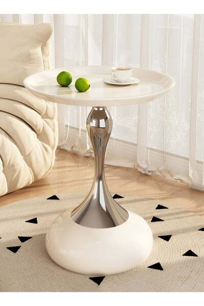 Taimi طاولة قهوة معدنية بقاعدة فضية مقاس 55×38 سم - طاولة جانبية متعددة الاستخدامات لغرفة المعيشة وغرفة النوم، لون أبيض