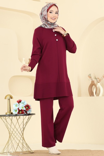 ModaMerve Aksesuar Düğmeli Triko Takım 2723AYD574-MS Bordo