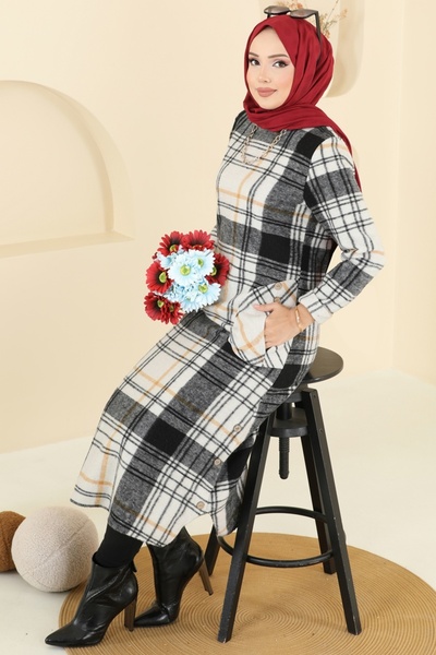 ModaMerve Aksesuar Düğmeli Ekose Tunik 6899S324-MS Siyah