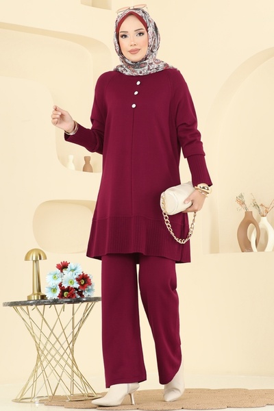 ModaMerve Aksesuar Düğmeli Triko Takım 2723AYD574-MS Bordo