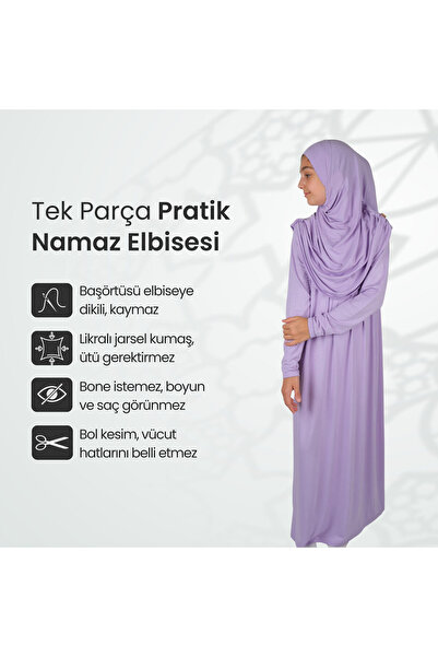 ihvan online Practical One-Piece Children's Prayer Dress with Headscarf 8-12 Years Old - Lilac