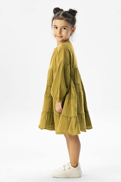 Eliş Şile Bezi Long Sleeve Ilay Summer Muslin Children's Dress Oil Green Ygysl