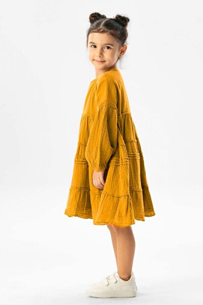 Eliş Şile Bezi Long Sleeve Ilay Summer Muslin Children's Dress Mustard Hrd