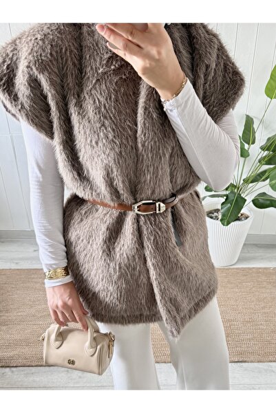 Mira İpek Γούνινο γιλέκο με ζώνη Γυναικείο γιλέκο με ζώνη με σάλι Δώρο