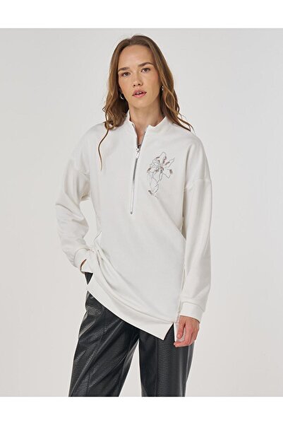 Kayra Hotfix Baskılı Üç İplik Sweatshirt Ekru
