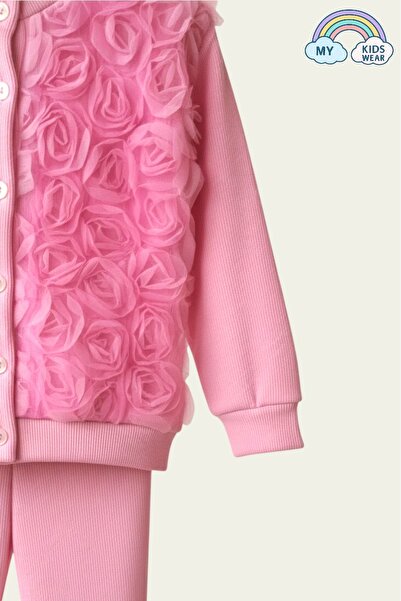 My Kids Wear Girl's Tulle Rose Applique Knitwear Cardigan Two-Piece Set 3-10 Years Old 12211