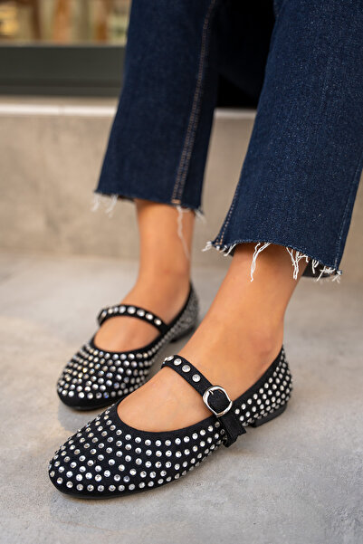 LAMİNTA Mac Black Suede Stone Flat Women's Ballerinas