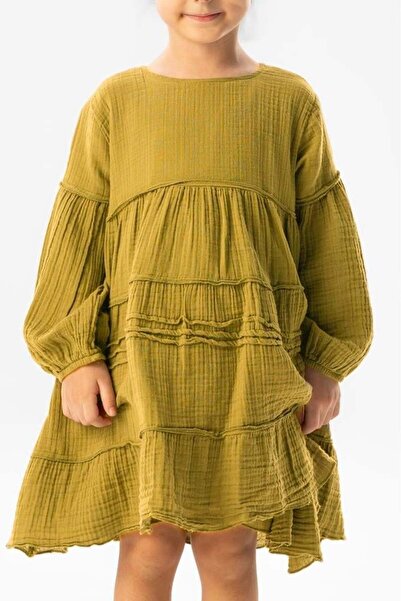 Eliş Şile Bezi Long Sleeve Ilay Summer Muslin Children's Dress Oil Green Ygysl