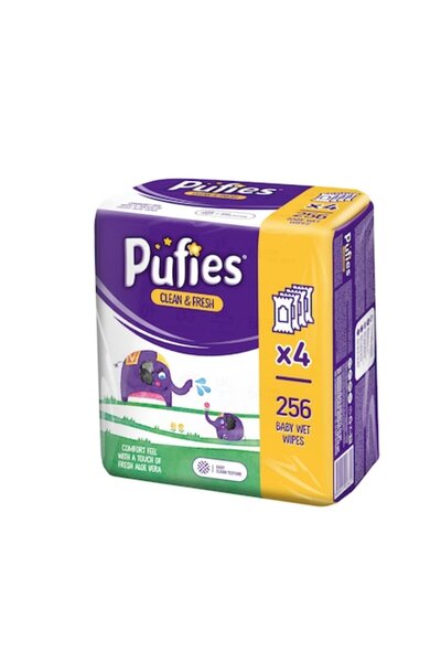 Pufies Șervețele umede Clean&Fresh cu aloe vera, pachet de 4 x 64 buc (256 buc)