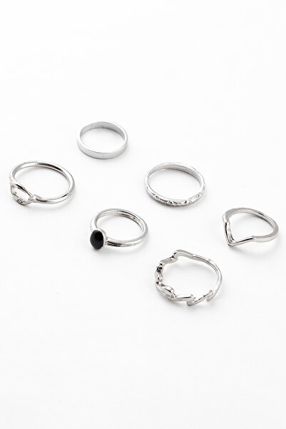 Sortie Aksesuar مجموعة خواتم مكونة من 6 قطع مع حجر أسود وشكل مستطيل