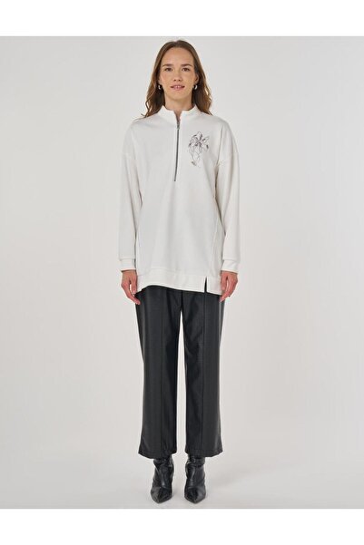 Kayra Hotfix Baskılı Üç İplik Sweatshirt Ekru