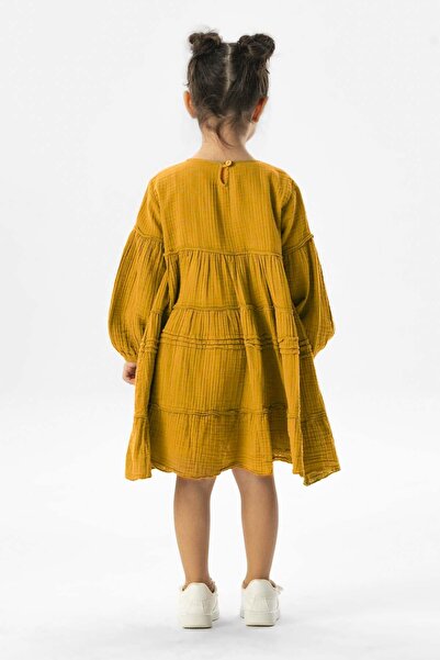 Eliş Şile Bezi Long Sleeve Ilay Summer Muslin Children's Dress Mustard Hrd