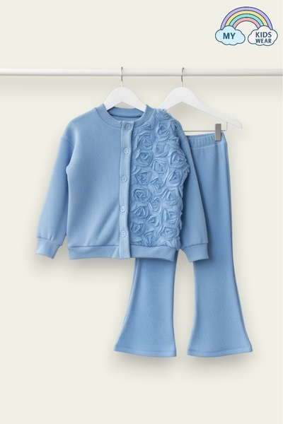 My Kids Wear Kız Çocuk Tül Gül Aplikeli Triko Hırka İkili Takım 3-10 Yaş 12212