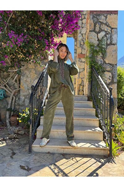 Punta Otantik Nc24145 Italian Hooded Velvet Suit with Leopard Detail Khaki