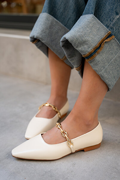 LAMİNTA Dennis Ekru Rugan Ланцюжок Деталізовані Плоскі Жіночі Балетки