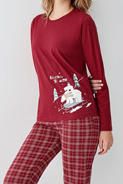 Arnetta Kadın Bordo Pijama Takım, %100 Pamuk