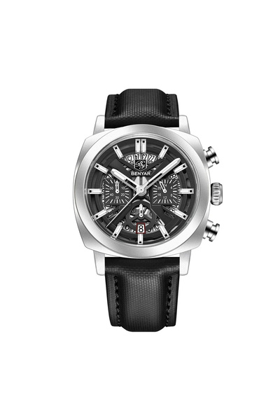 Benyar Ceas bărbătesc 5205 argintiu-negru – design business, funcții multiple, cronograf, 5ATM