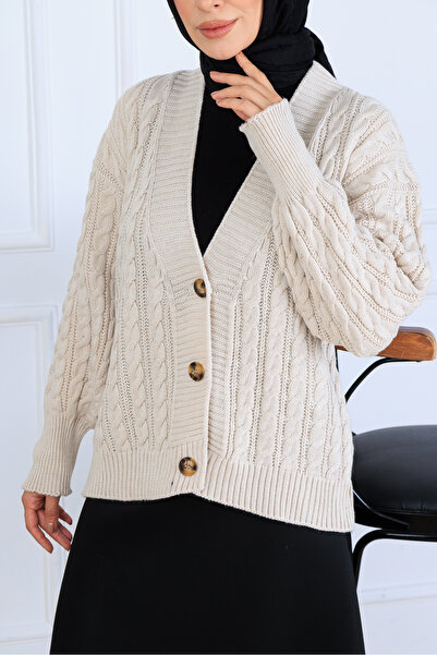 benguen Saç Örgü Kısa Triko Hırka S4000 Taş Rengi